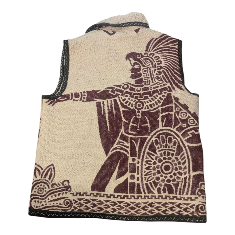 Rare VTG Boho Artesian Handmade Aztec Calendar Warrior Sherpa Lined Vest Unisex - Picture 2 of 2